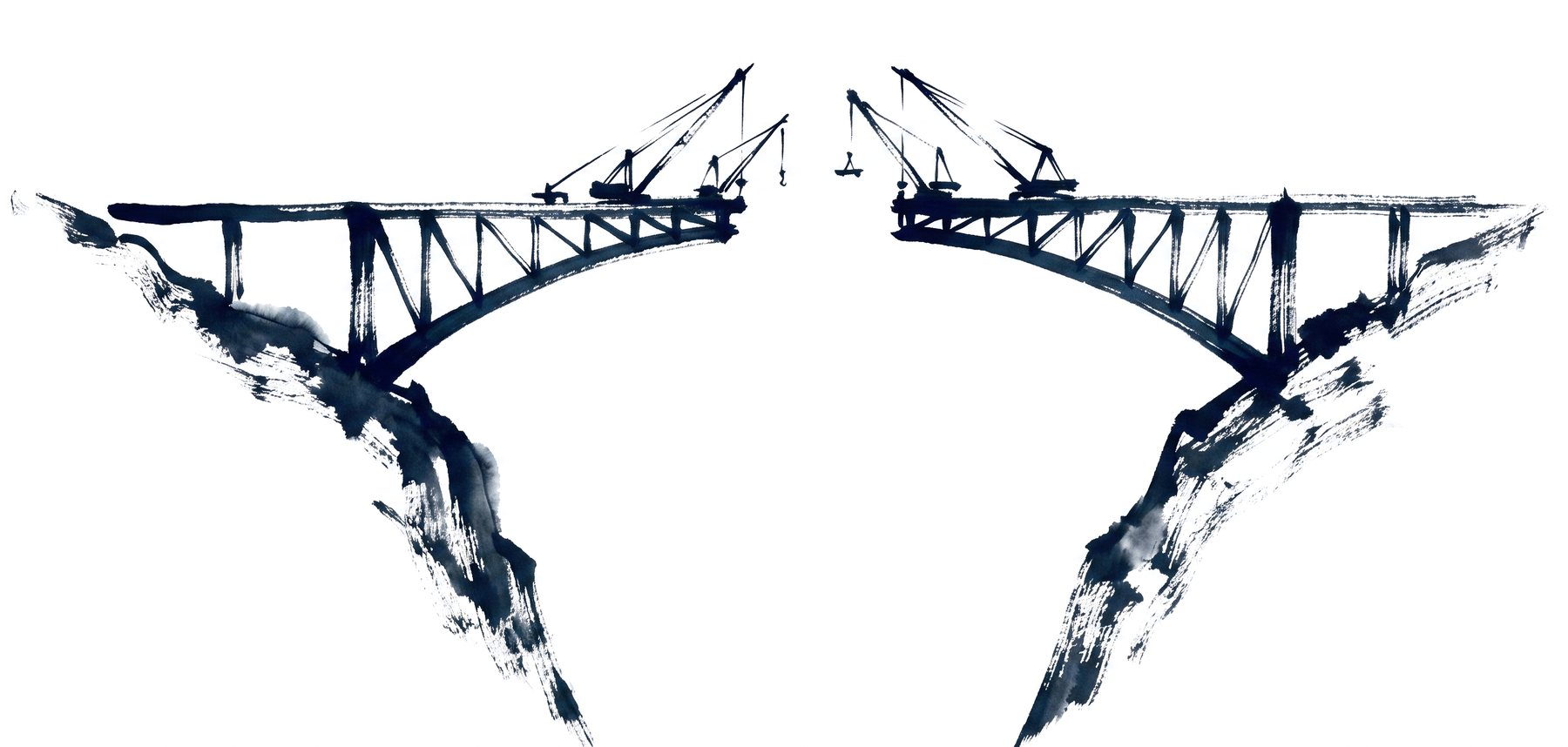 Two arch halves under construction reaching toward each other over a gorge with cranes at the tips