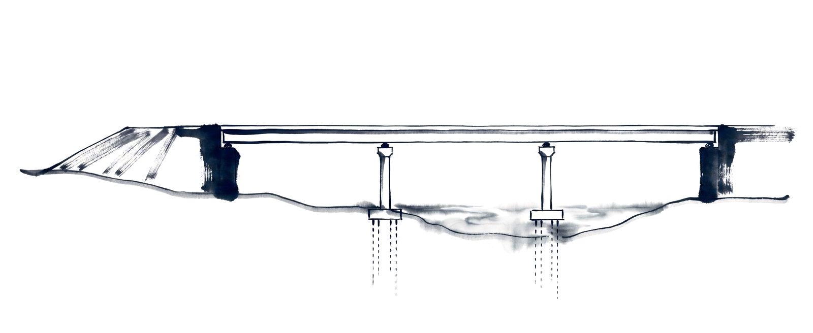 Ink drawing of a three-span girder bridge in side elevation: approach, abutments, two piers on footings with piles, deck on girders