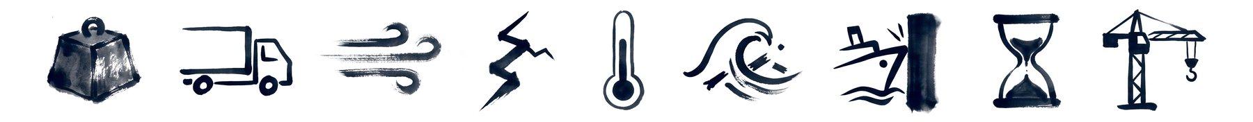 Nine ink icons: weight, truck, wind, earthquake, thermometer, wave, ship striking a pier, hourglass, crane