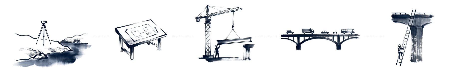 Five ink vignettes: surveyor's tripod, drafting desk, crane lifting a girder, traffic on a bridge, inspector's ladder
