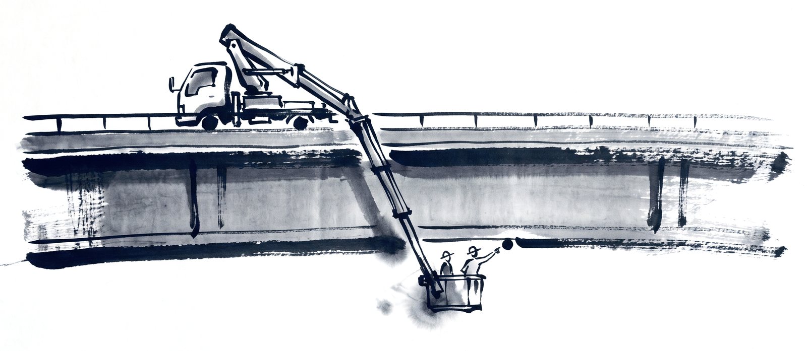 An under-bridge inspection truck on the deck with two inspectors in a basket beneath the girders