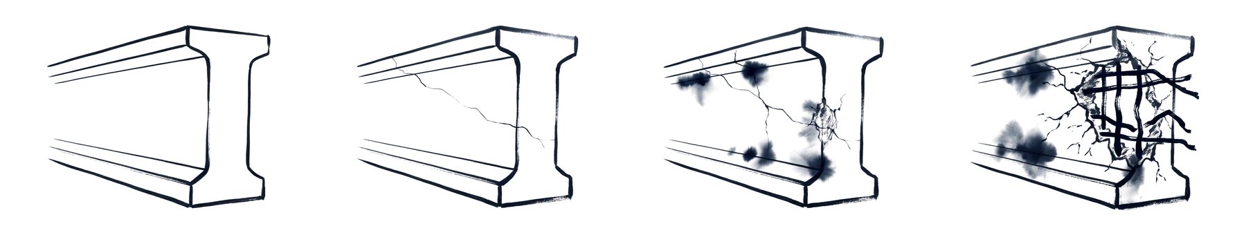 The same concrete girder end drawn four times from clean to a large spall with exposed rusted bars