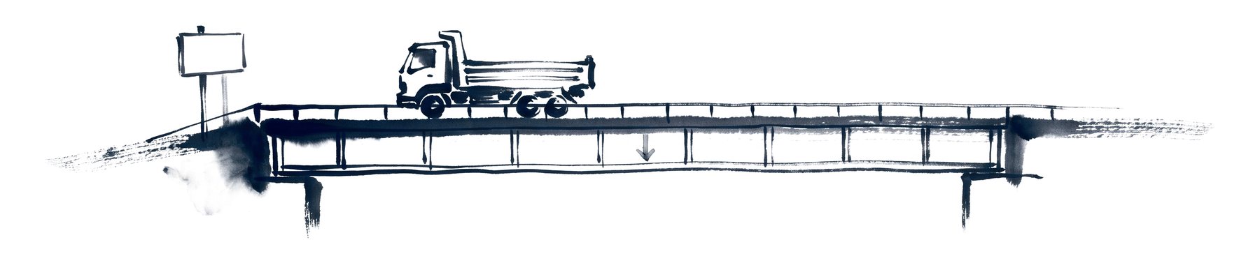 A dump truck approaching a blank weight-limit sign at the entrance to a girder bridge, a faint arrow under the truck