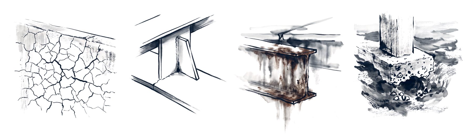 Four close ink details: map cracking, a fatigue crack at a stiffener, a rusted girder end, a scoured footing