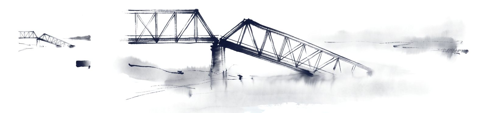 A steel truss bridge with one span fallen into a river, seen from the bank in mist