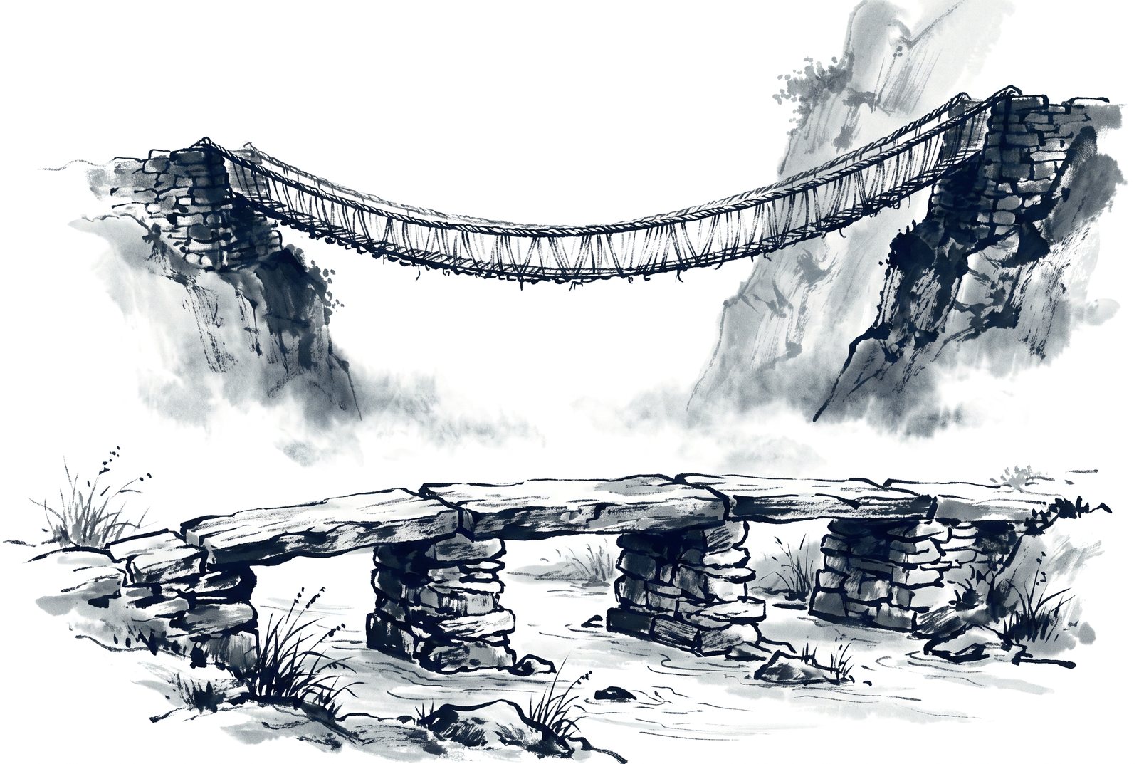 A stone clapper bridge in the foreground and a woven rope suspension bridge across a misty gorge behind it