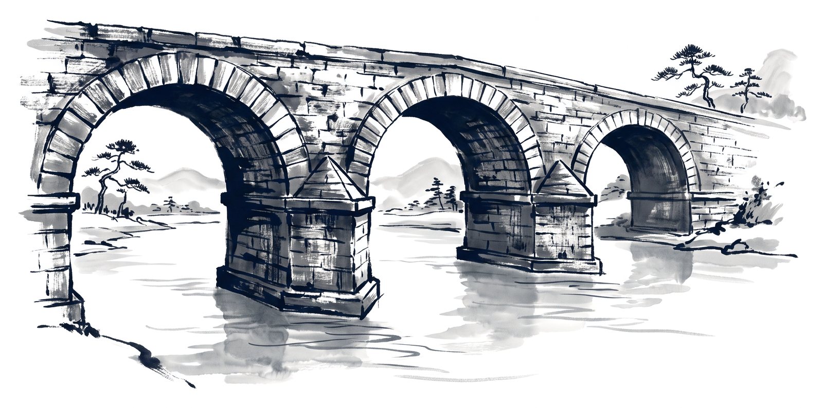 Ink drawing of a three-arch Roman stone bridge over a river