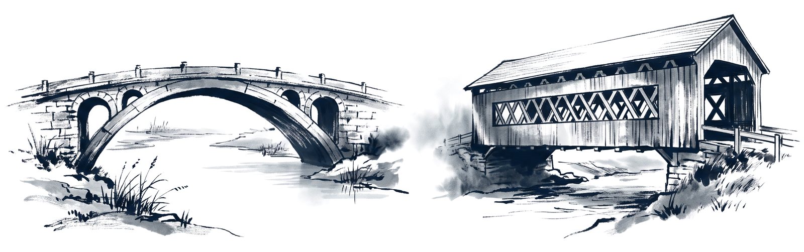A Chinese segmental stone arch bridge beside a New England covered timber bridge
