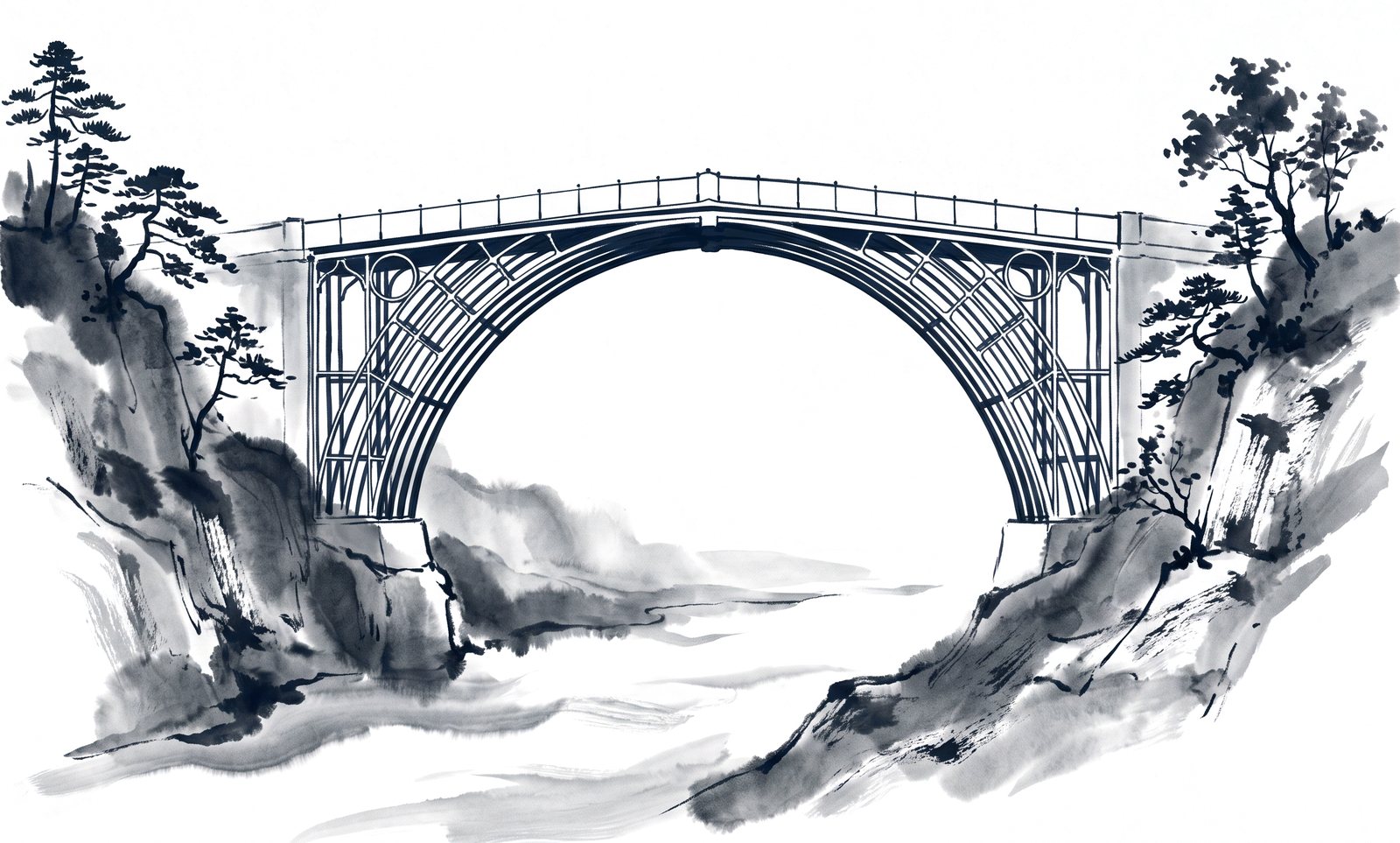 An iron arch bridge of concentric ribs spanning a wooded gorge