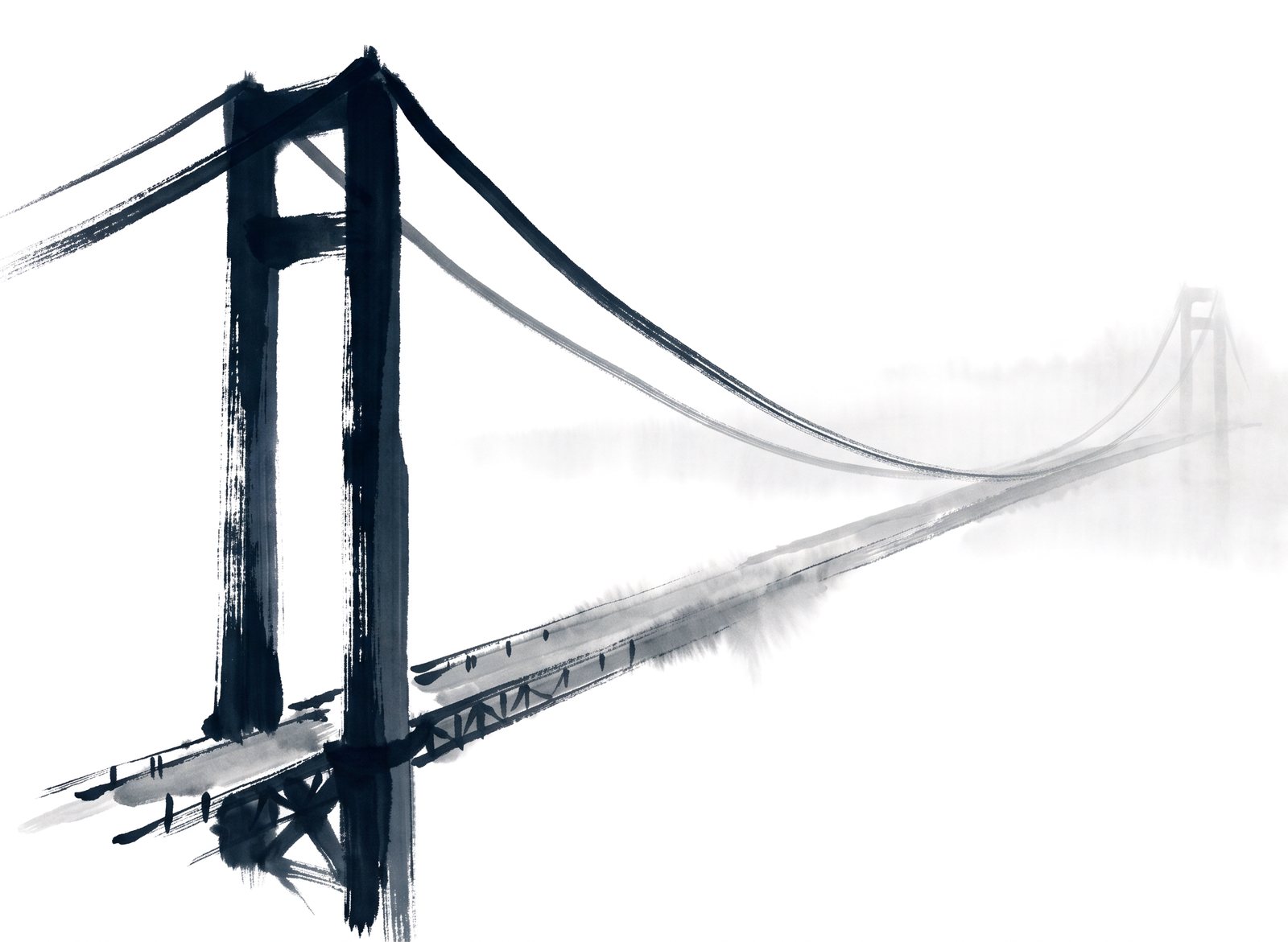 A suspension bridge tower and main cable fading into mist