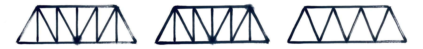 Three truss elevations: Pratt, Howe and Warren