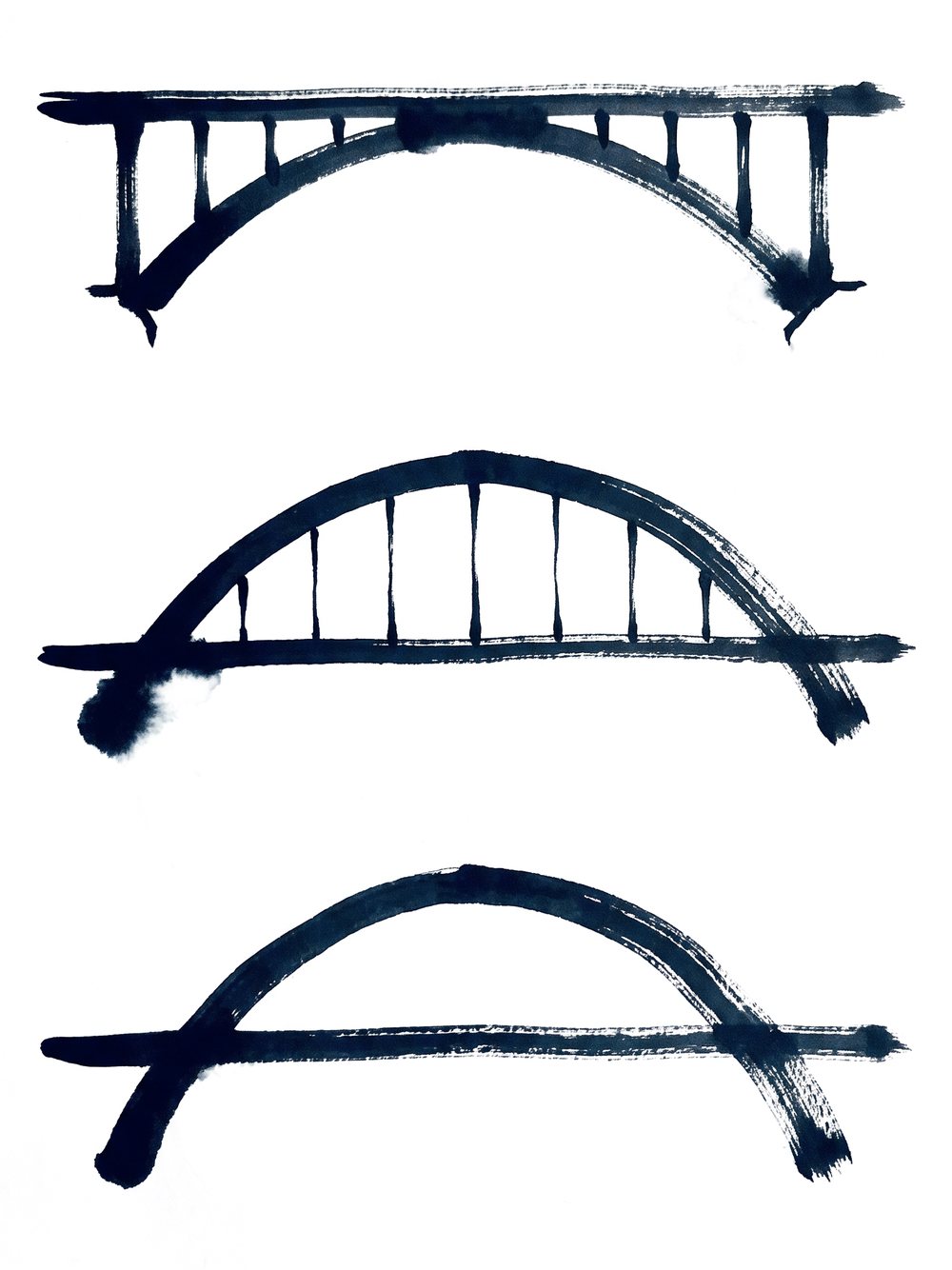 Three arch bridge elevations stacked: deck arch, through arch, half-through arch