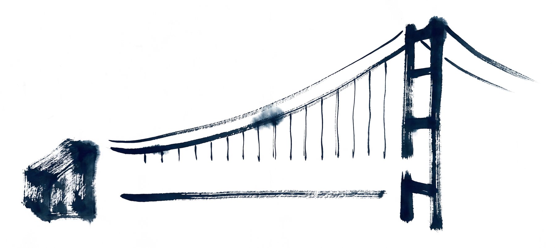 Exploded ink diagram of a suspension bridge: anchorage block, main cable, hangers, stiffening girder, tower