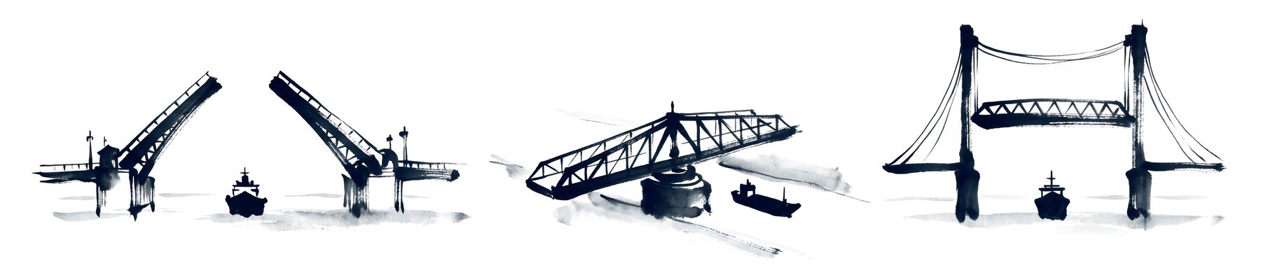 Three movable bridges open for ships: double-leaf bascule, swing bridge, vertical lift