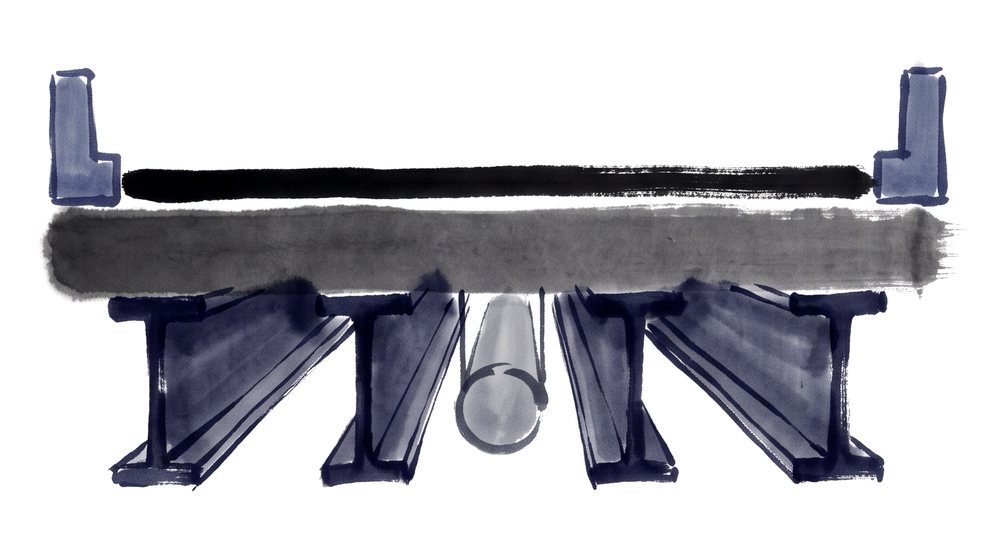 Cross-section of a bridge deck drawn as a stack: barriers, wearing surface, deck, girders, a utility pipe