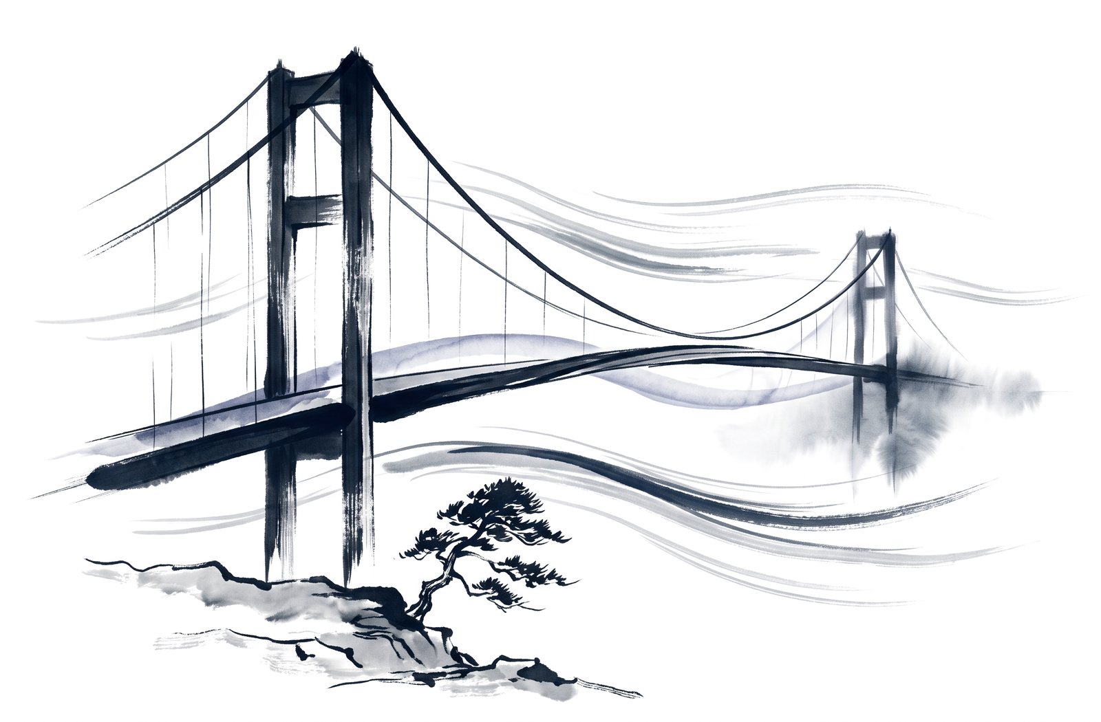 A suspension bridge deck twisting in a storm, drawn in two ghosted positions