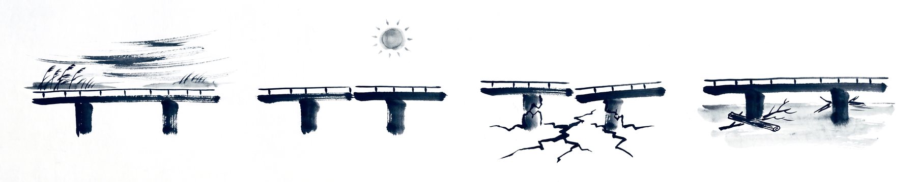 The same small bridge under wind, heat, earthquake and flood