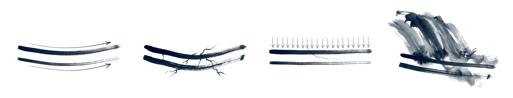 Four ink vignettes of the same beam: bending elastically, cracked and failing, under repeated arrows with a hairline crack, under a wall of water