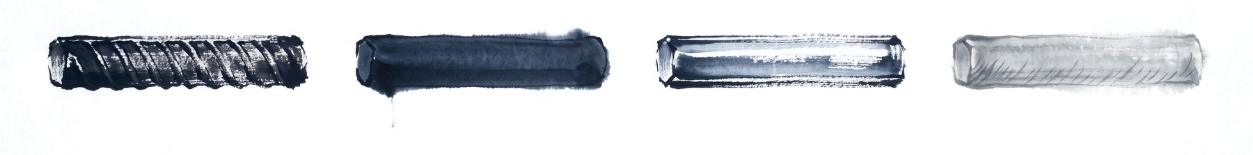 Four reinforcing bars: black deformed, coated, stainless, fibre-polymer