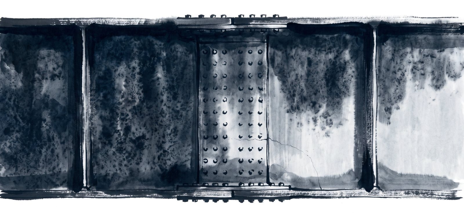 Close ink view of a steel plate girder web with stiffeners, a bolted splice, weathering patina and a hairline fatigue crack