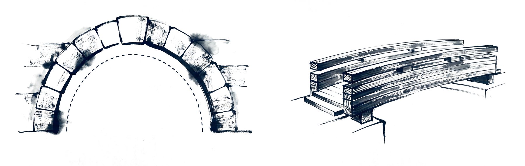 A masonry arch in section with the thrust line dashed, and a glue-laminated timber beam