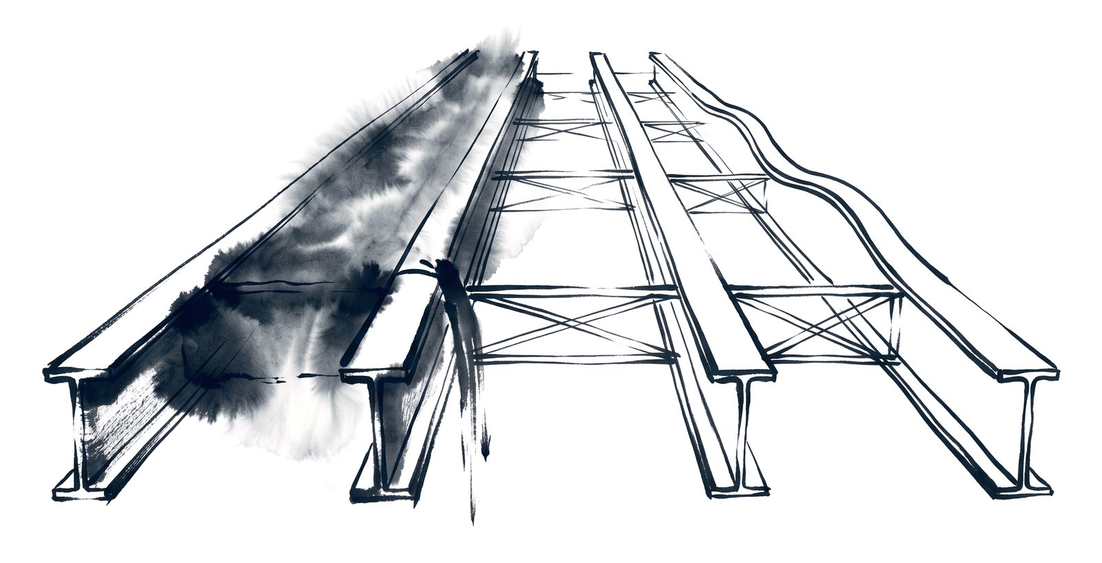Two steel plate girders with cross-frames, wet concrete on the left half, bare steel with a wavy top flange on the right