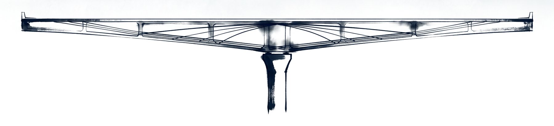Balanced-cantilever concrete box girder over a pier drawn transparent so the cantilever tendons fan out from the pier and the continuity tendons run in the bottom slab