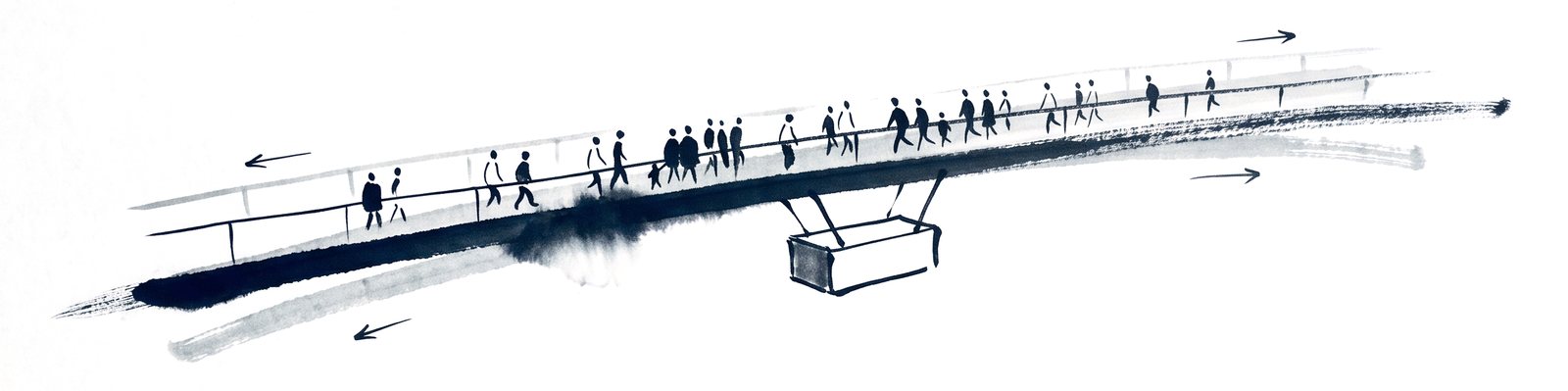 A slender footbridge with a crowd walking across, drawn in two ghosted positions to show sway, with a tuned mass damper box beneath
