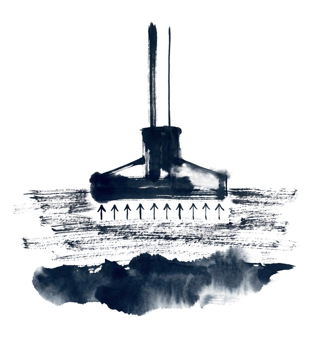 Section of a column on a spread footing on soil with a row of upward bearing-pressure arrows under the footing
