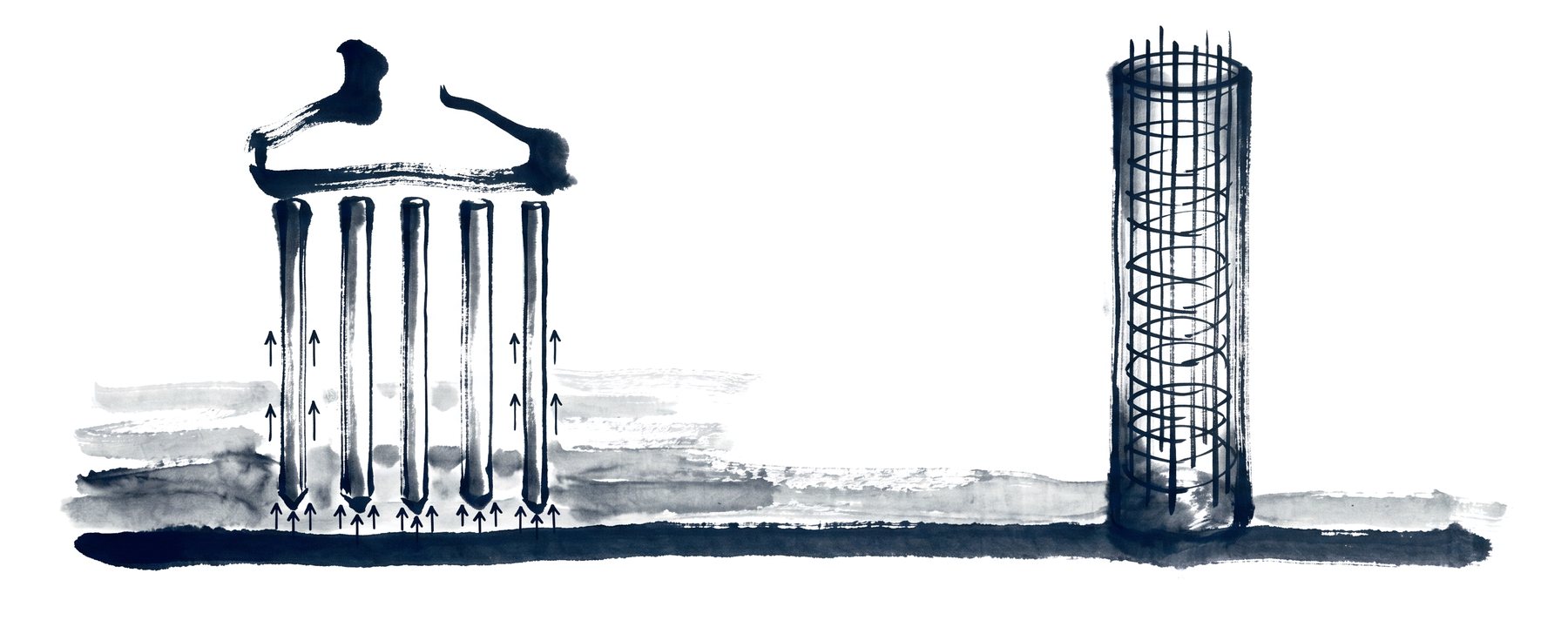 Ground section comparing a group of driven piles under a footing with a single drilled shaft with its reinforcing cage