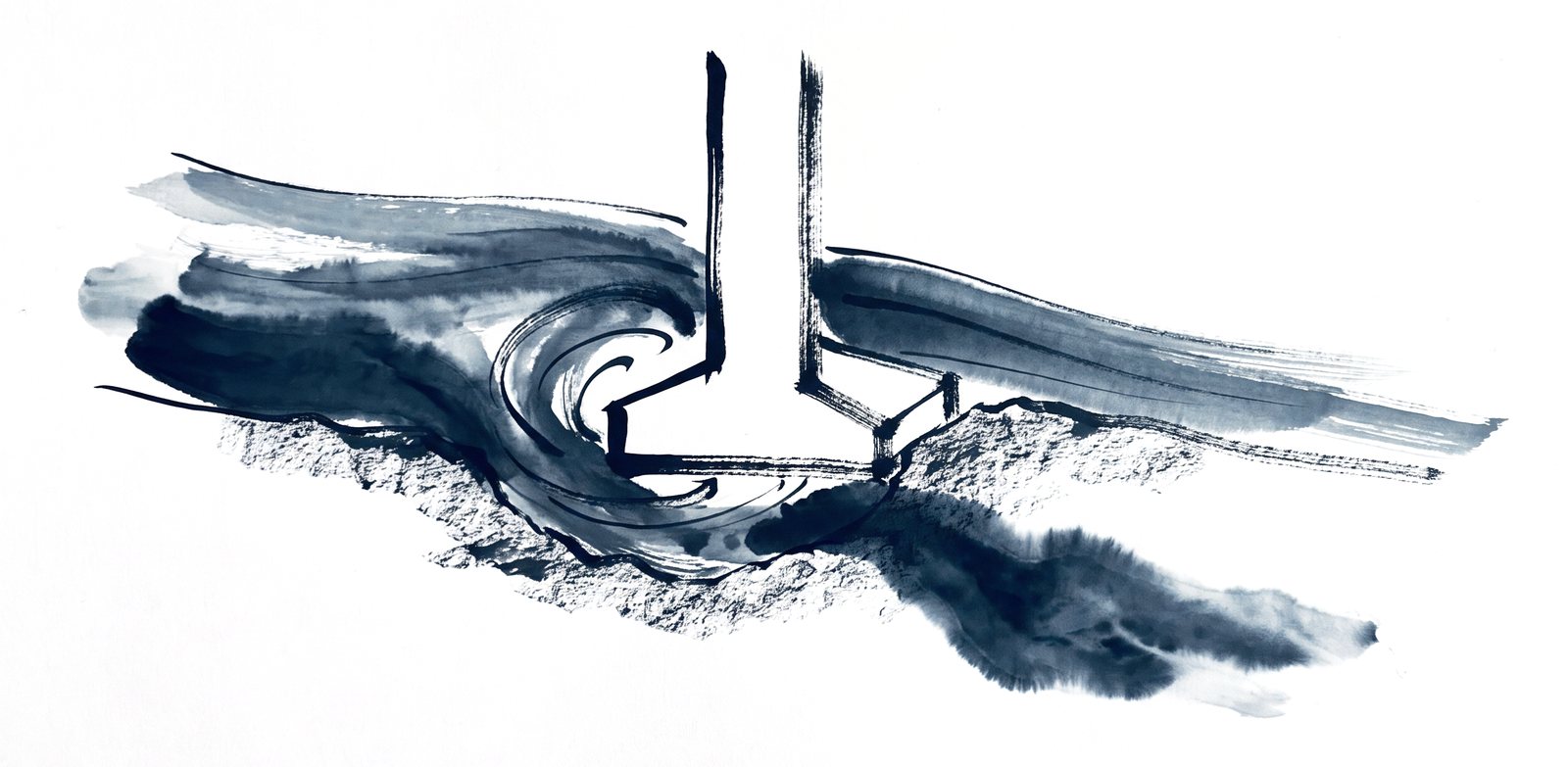 A river pier in section with the horseshoe vortex curling around its base and a scour hole in the bed
