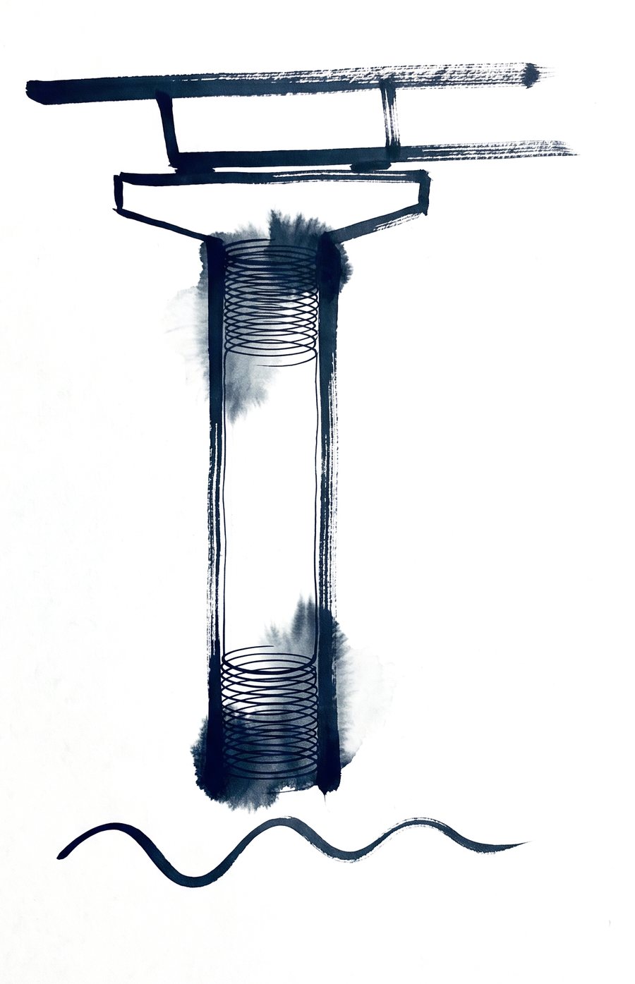 A bridge column with dense spiral confinement at top and bottom, the deck shifted on its seat, a ground-motion wave below