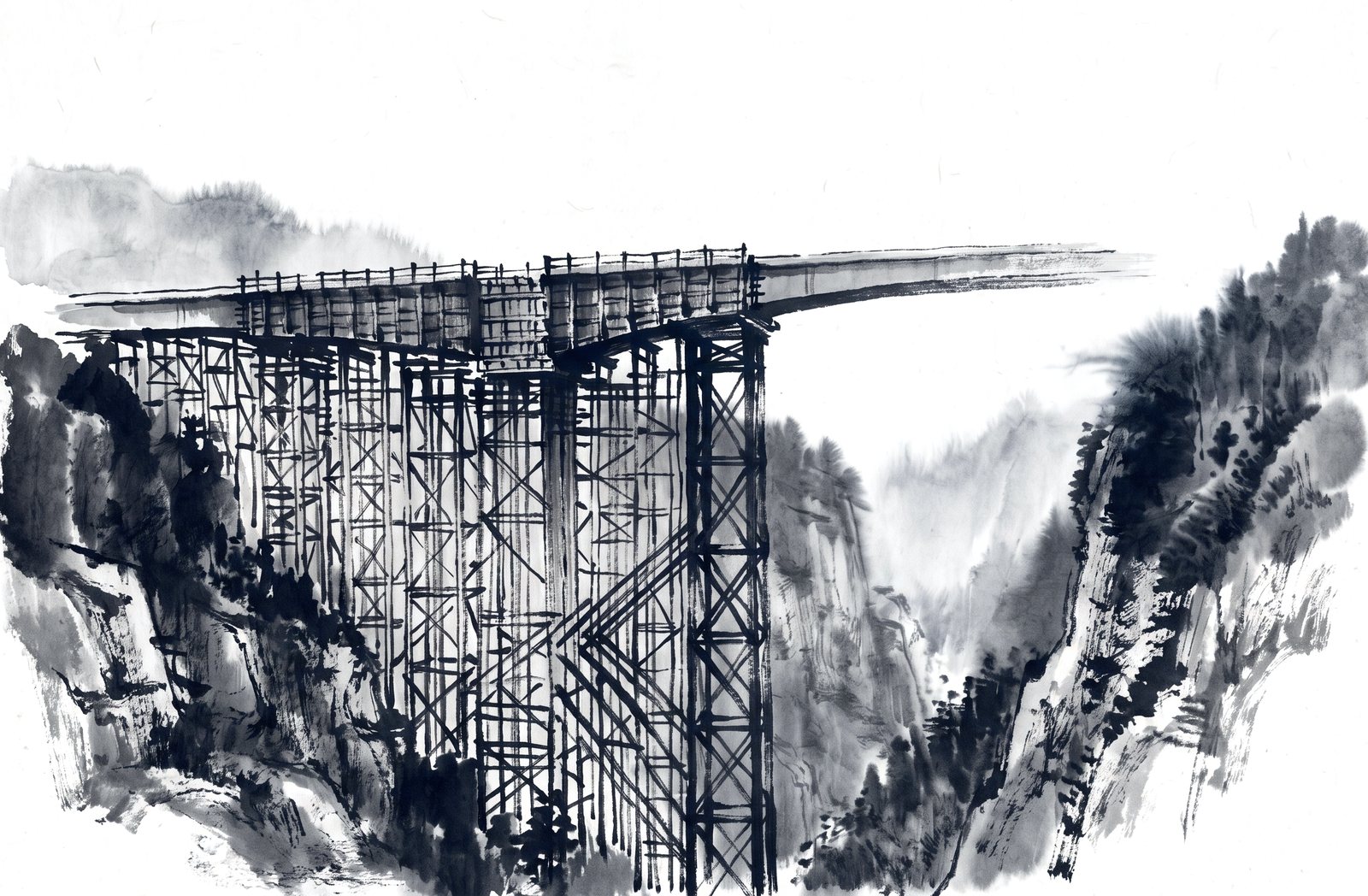 A concrete bridge span being cast on a forest of falsework towers filling a valley