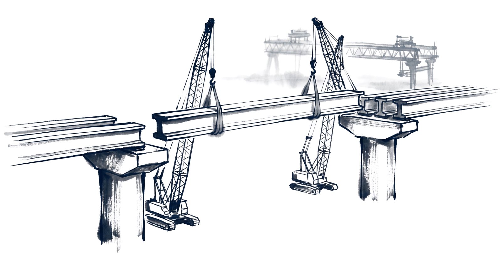 Two crawler cranes lifting a precast I-girder onto a pier cap, a launching gantry faint in the background