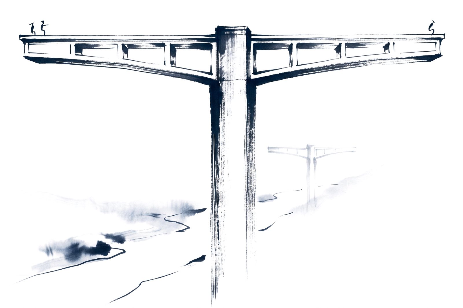 A tall pier with two box-girder arms cantilevering symmetrically outward, workers at the tips, a second pier in the mist