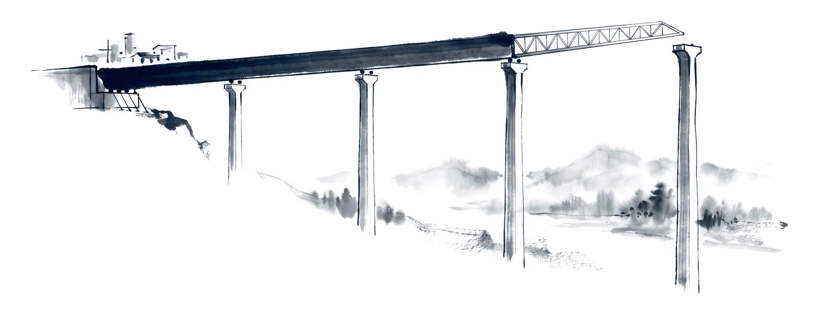 A viaduct deck being pushed out over tall piers from a casting yard, a light steel launching nose reaching the next pier