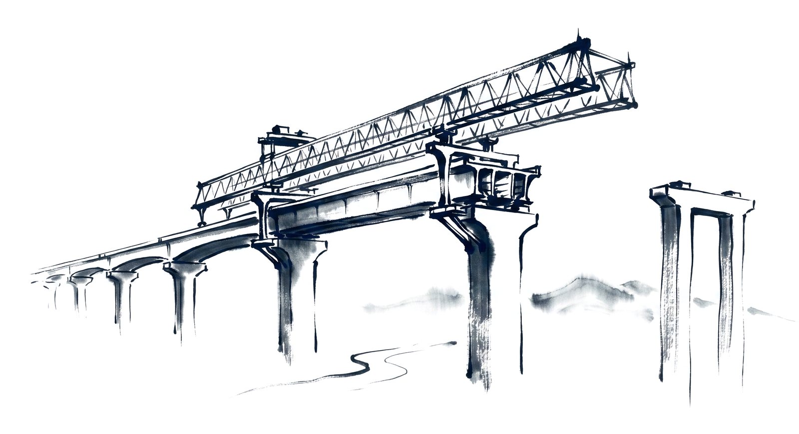 A self-launching movable scaffolding system carrying the formwork of one span over the piers