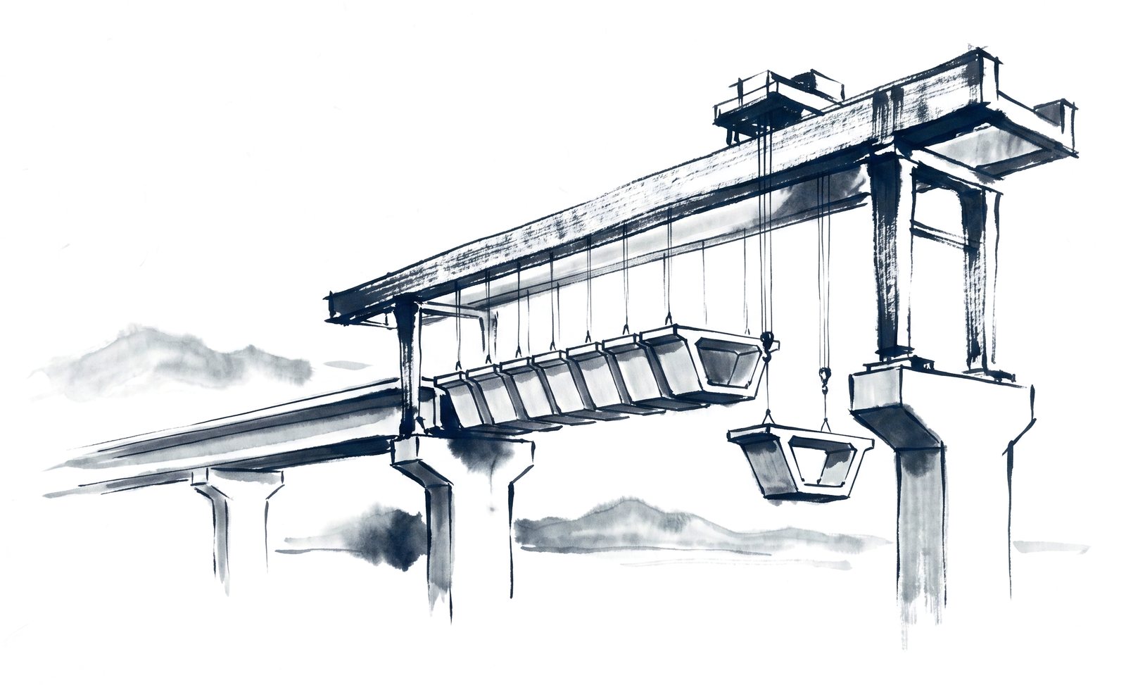 An overhead gantry holding a row of precast box segments over the piers, one segment being lowered