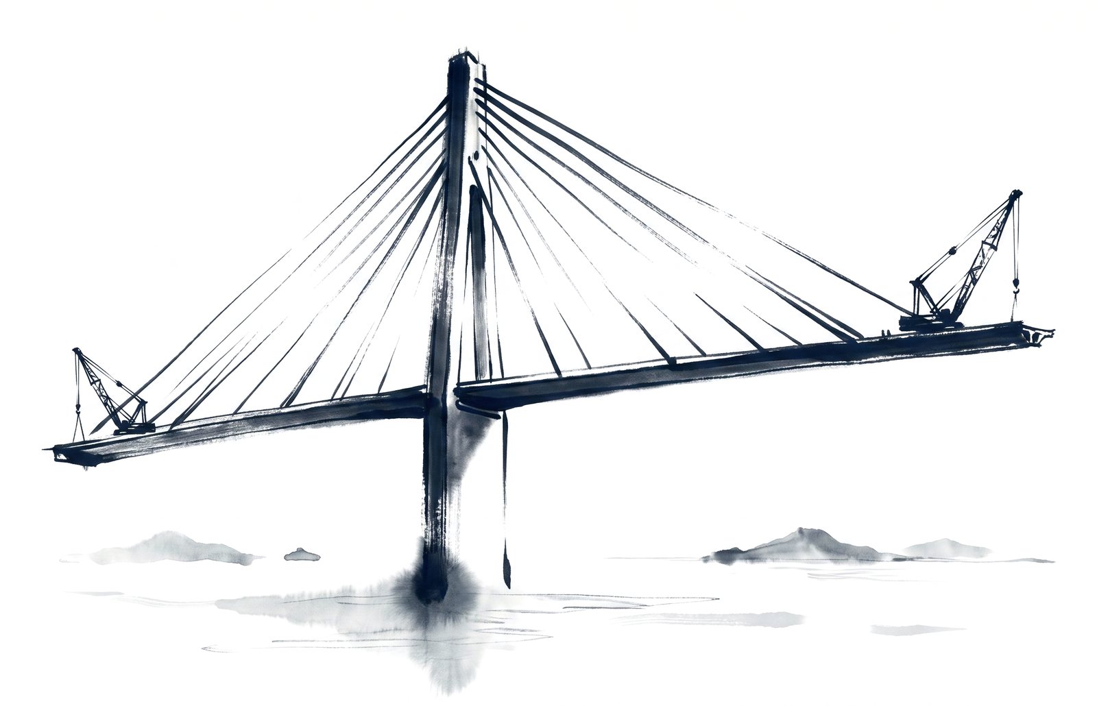A cable-stayed bridge under construction, deck cantilevering from the tower with a crane at each tip