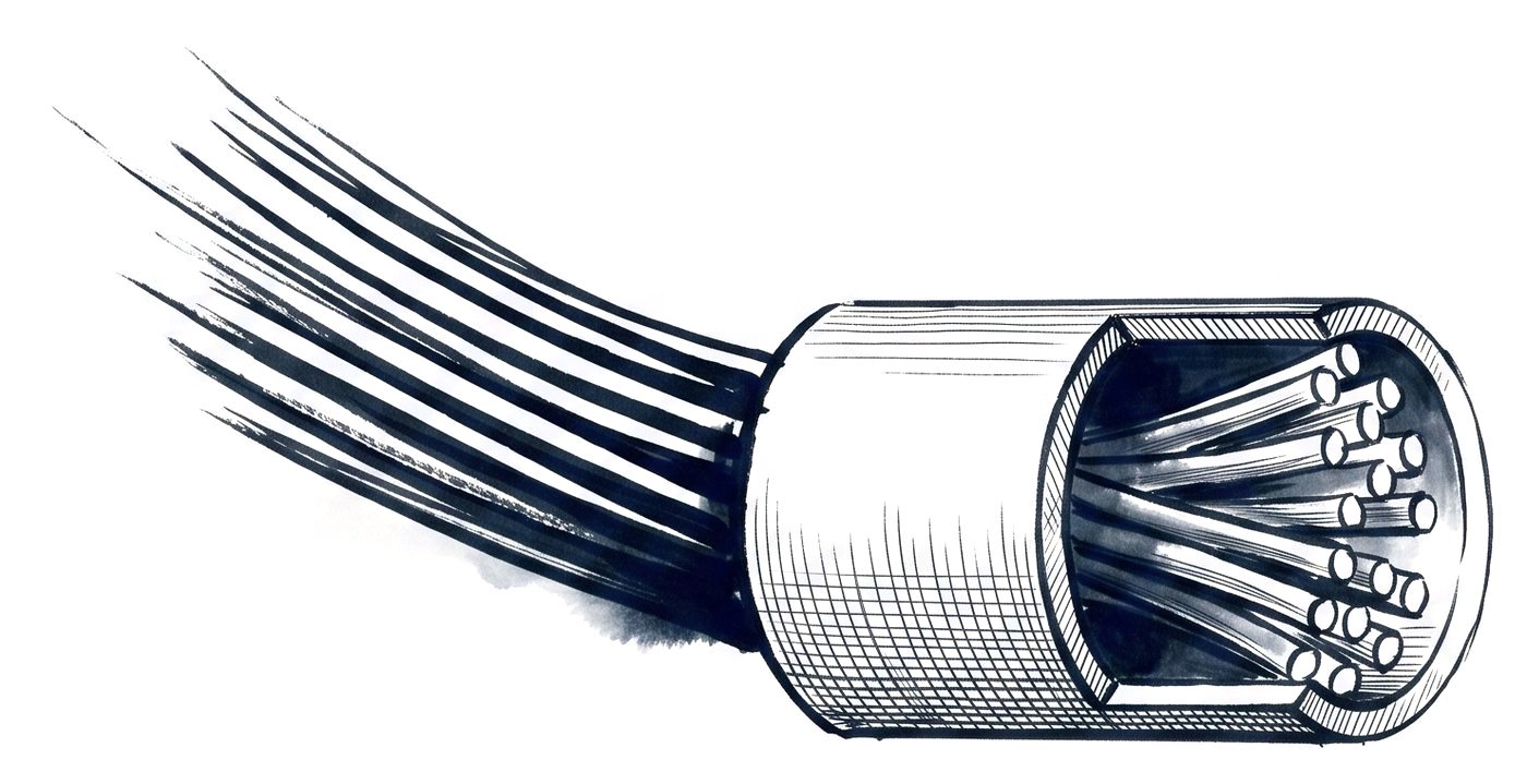 Ink cutaway of a stay cable: a bundle of individually sheathed strands inside a pipe