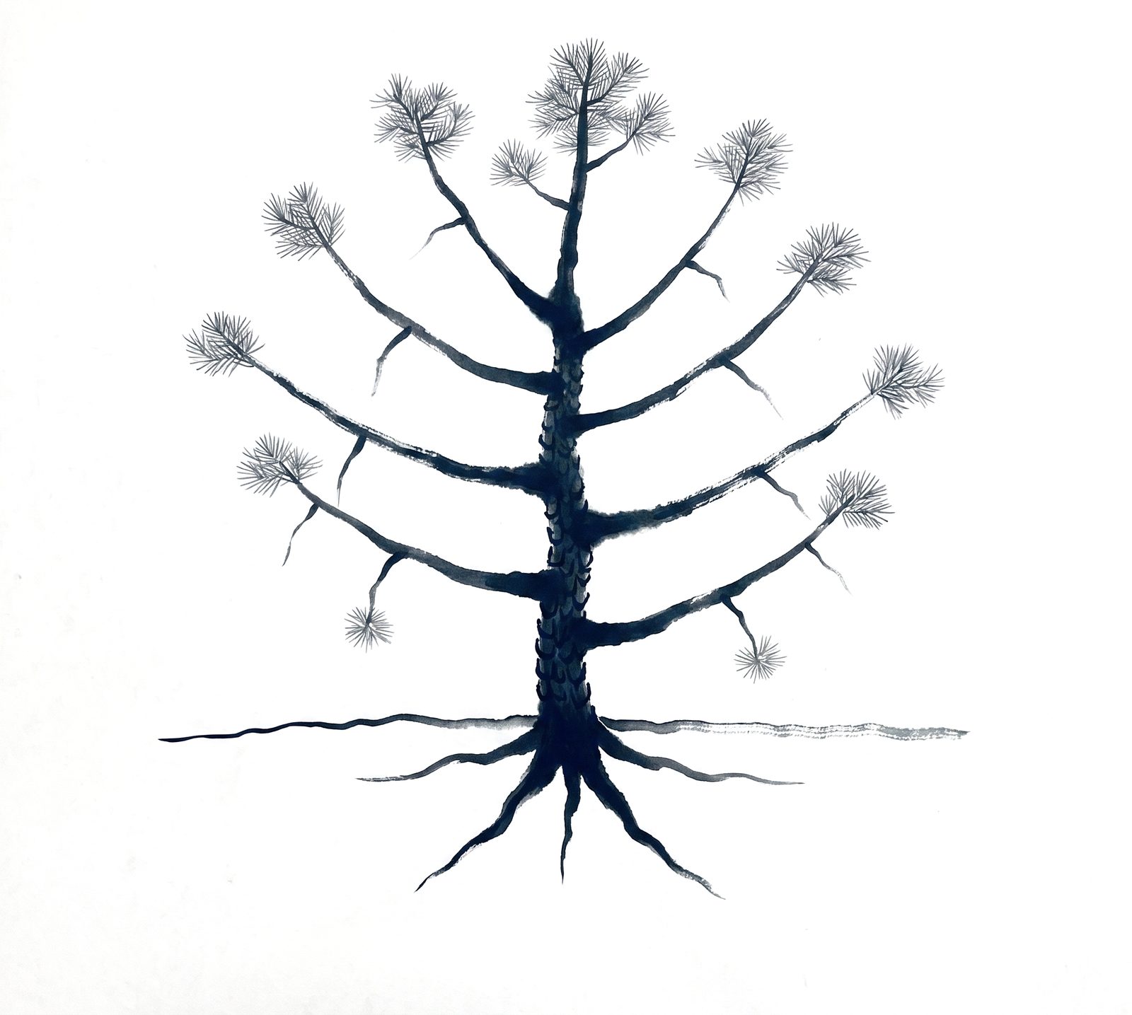 Ink painting of a pine tree whose roots, trunk and branches are the chapters of this book