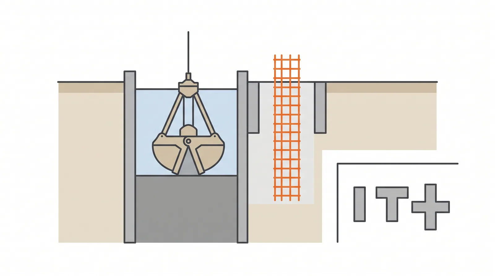Barrettes and diaphragm-wall foundations — concept diagram