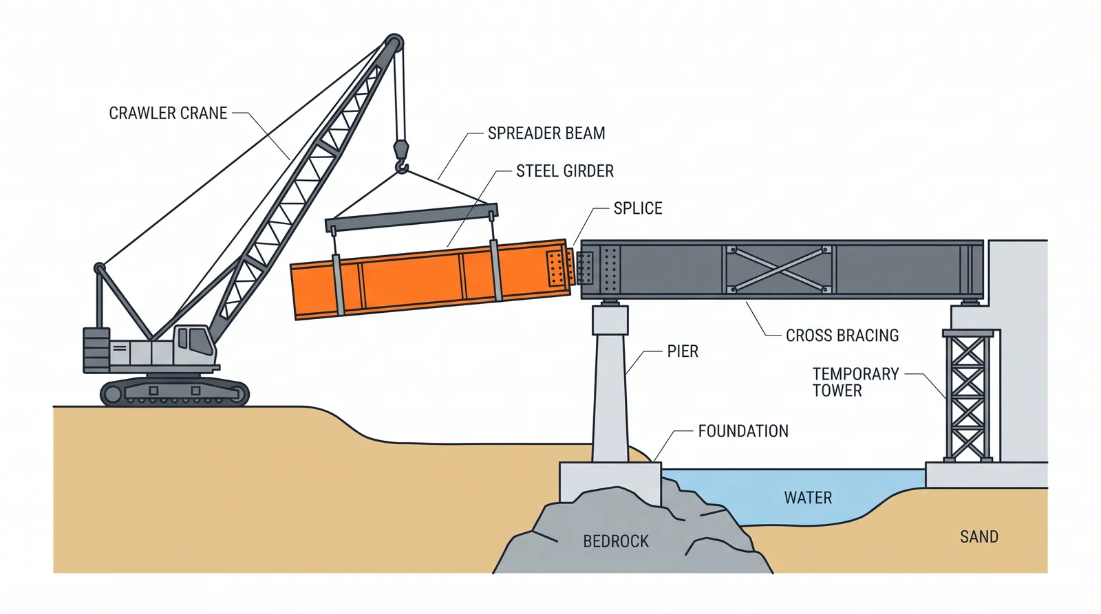 Crane erection of steel girders — concept diagram