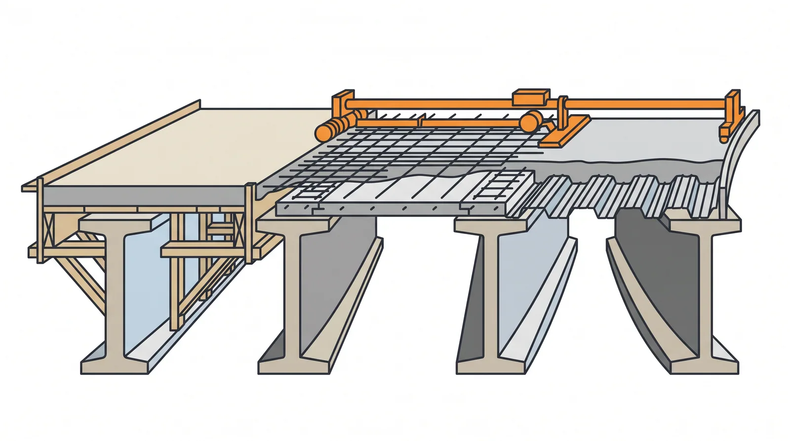 Deck slabs on girders: cast-in-place, precast panels and stay-in-place forms — concept diagram