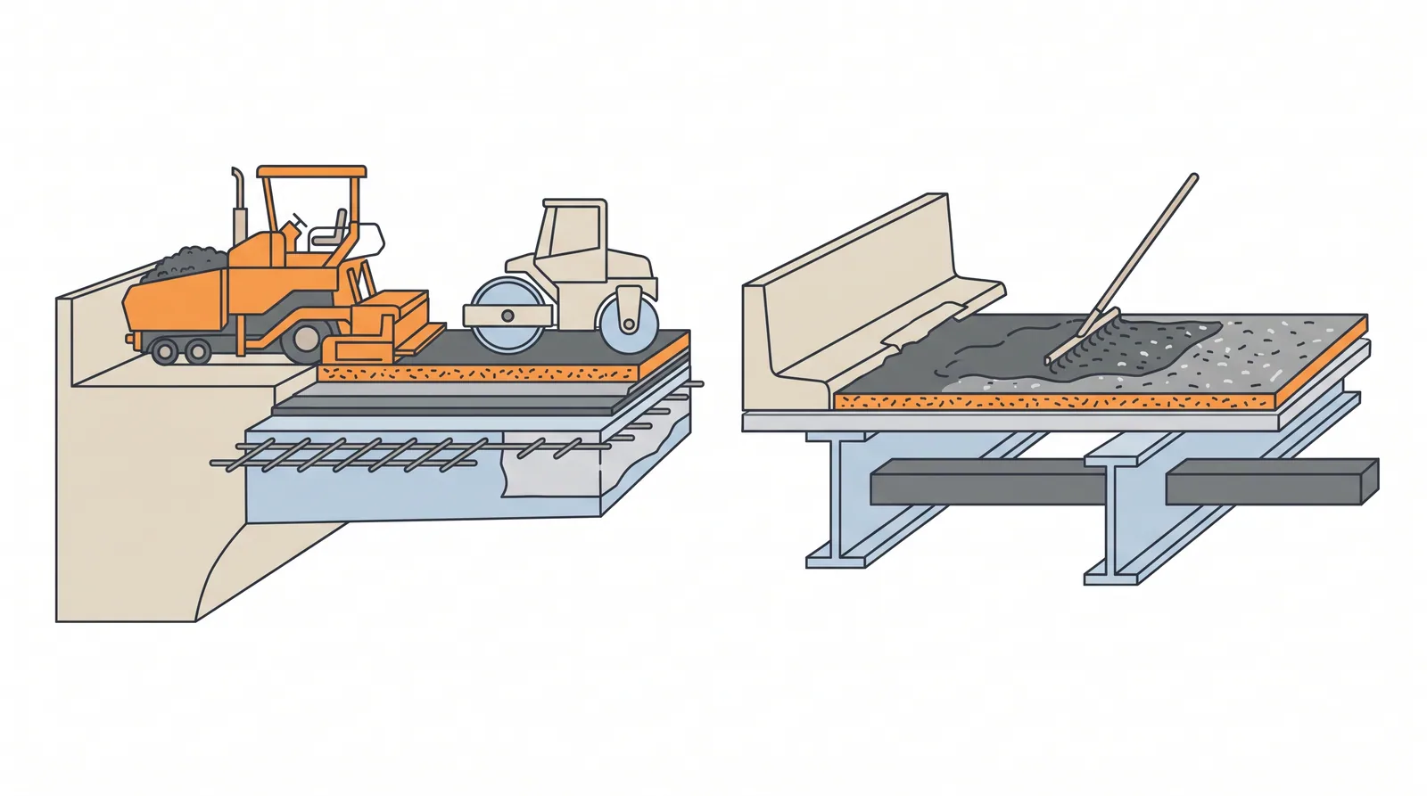 Surfacing: asphalt, SMA, concrete and thin overlays — concept diagram