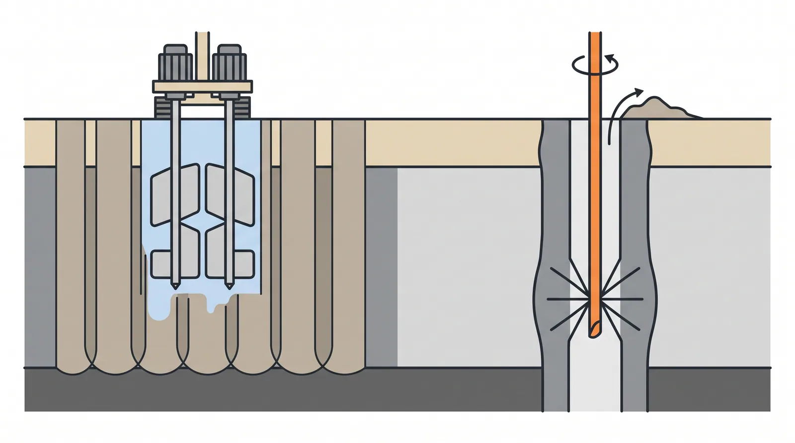 Deep cement mixing (DCM) and jet grouting — concept diagram