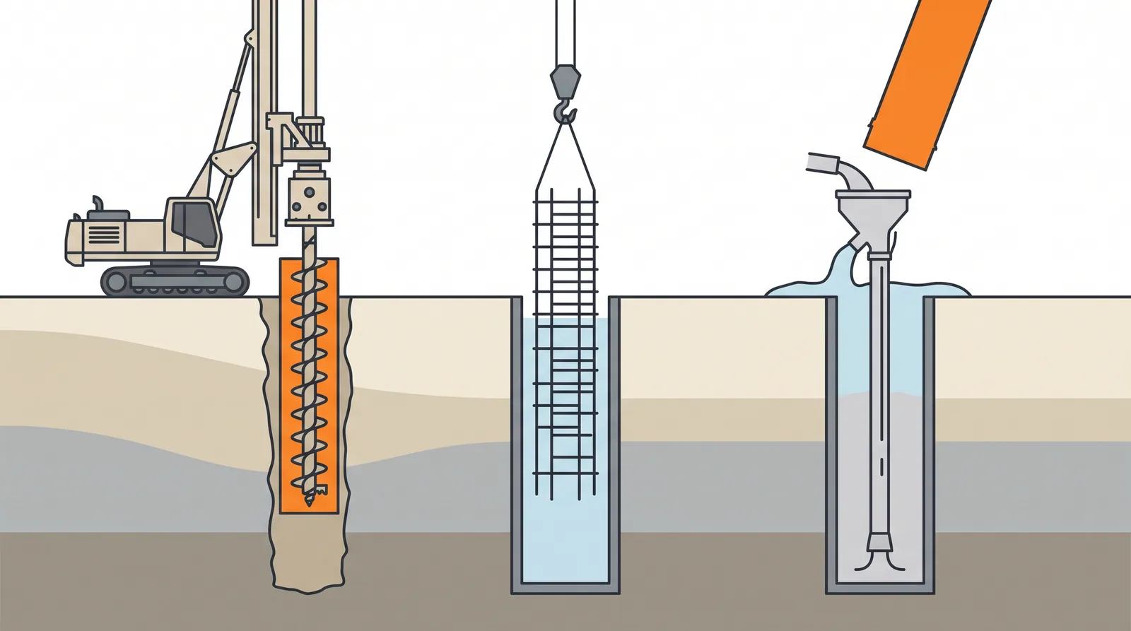 Drilled shafts (bored piles) with casing or slurry — concept diagram