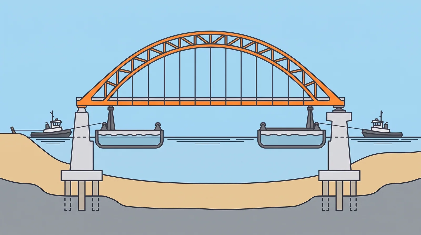 Float-in of complete arches and spans — concept diagram