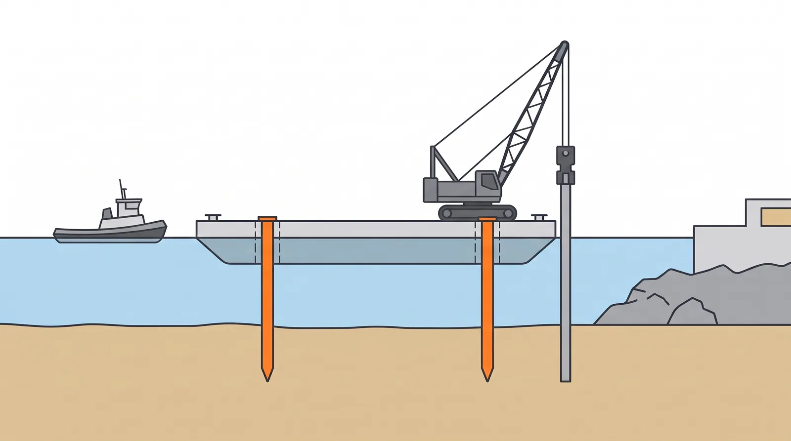 Floating barges and spud barges — concept diagram