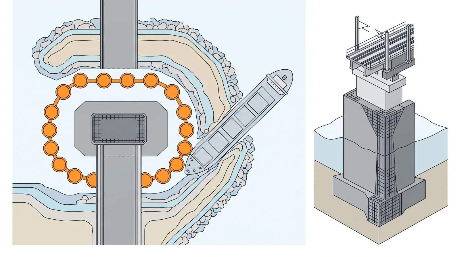 Pier protection: fenders, dolphins and collision walls — concept diagram